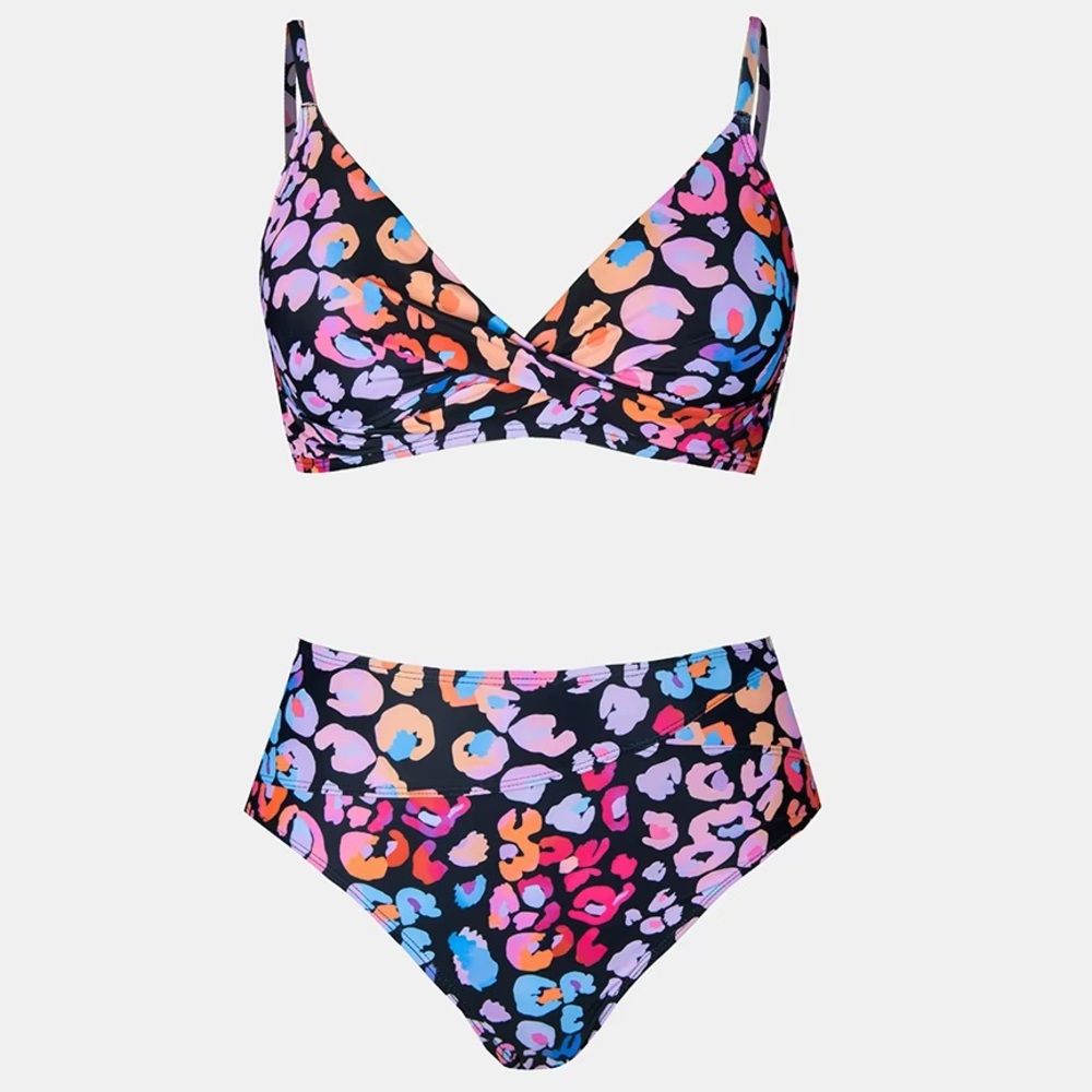 Two Piece High Waist V Neck Twist Front Colorful Animal Print Bikini